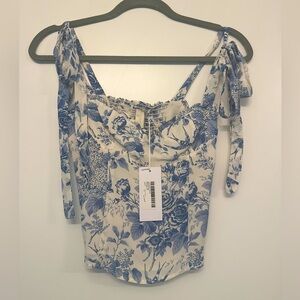 Reformation Blanca White and Blue Ruched Tie Front Blouse, Pompadour